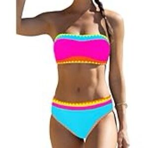popvil shell trim bandeau color block bikini set